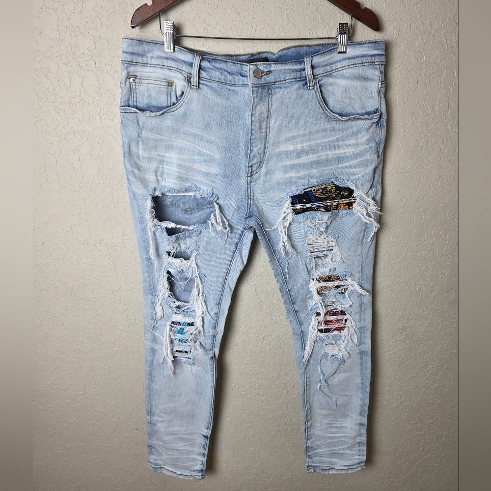 Amiri Jeans Mens Patchwork Destroyed Skinny Denim Jeans Light Wash Size 40